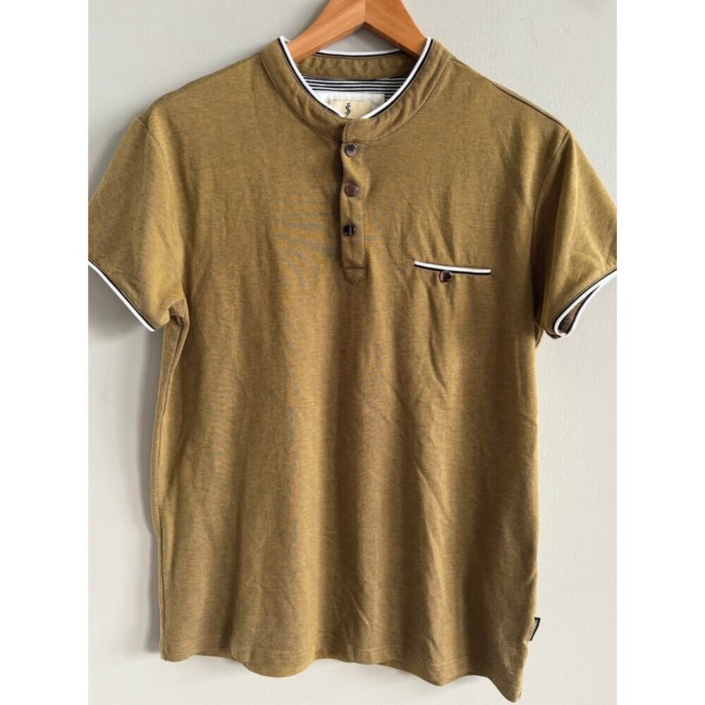 Scott James Men's Medium Henley Polo Shirt Banded Collar Sulfur Gold Khaki